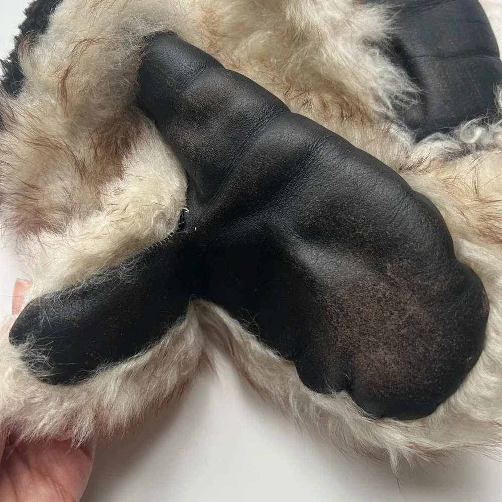 Vintage Genuine Fur Leather Mittens Shearling Sheepskin Cozy Winter Gloves